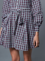 Navy Blue/Red Check Mini Long Sleeve Collared Shirt Dress - Image 6 of 9