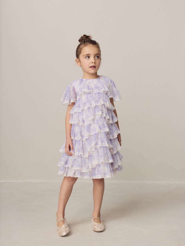 Laura Ashley White/Purple Tiered Tulle Dress - Image 2 of 12 Laura Ashley White/Purple Tiered Tulle Dress - Image 2 of 12