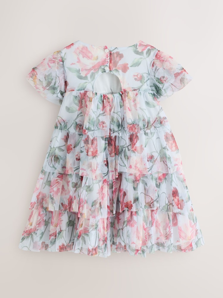Laura Ashley Blue Floral Tiered Mesh Dress - Image 2 of 4 Laura Ashley Blue Floral Tiered Mesh Dress - Image 2 of 4