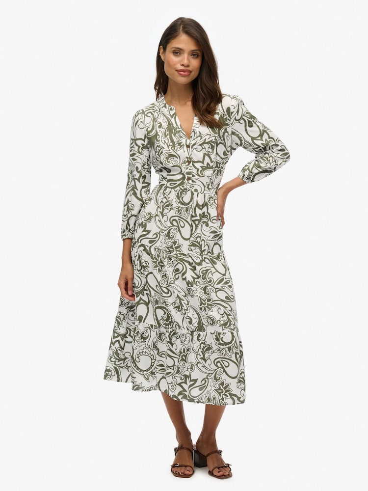 Superdry Green Woven Tiered Midi Dress - Image 1 of 7