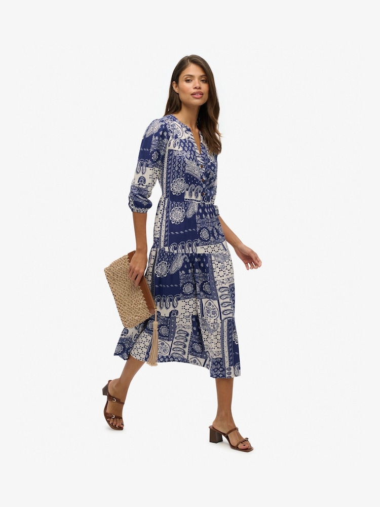 Superdry Blue Woven Tiered Midi Dress - Image 2 of 7