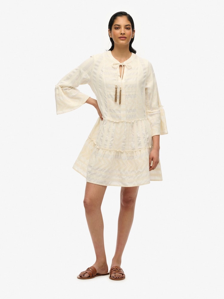 Superdry White Ibiza Long Sleeve Tiered Mini Dress - Image 1 of 7