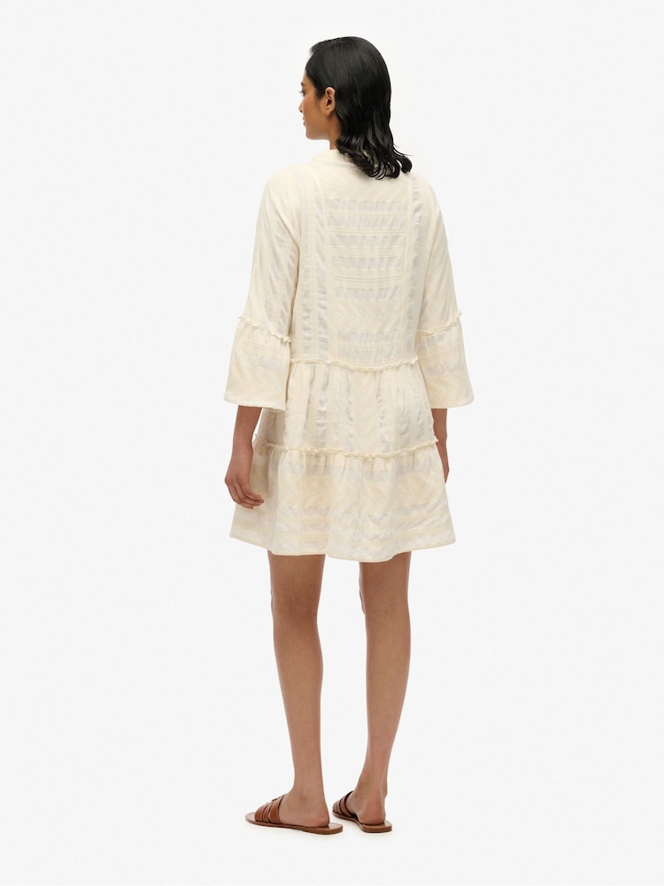Superdry White Ibiza Long Sleeve Tiered Mini Dress - Image 2 of 7