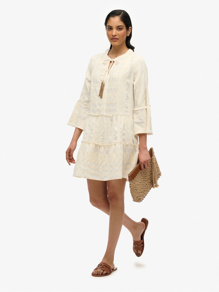 Superdry White Ibiza Long Sleeve Tiered Mini Dress - Image 3 of 7