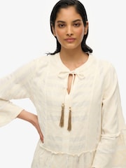Superdry White Ibiza Long Sleeve Tiered Mini Dress - Image 4 of 7