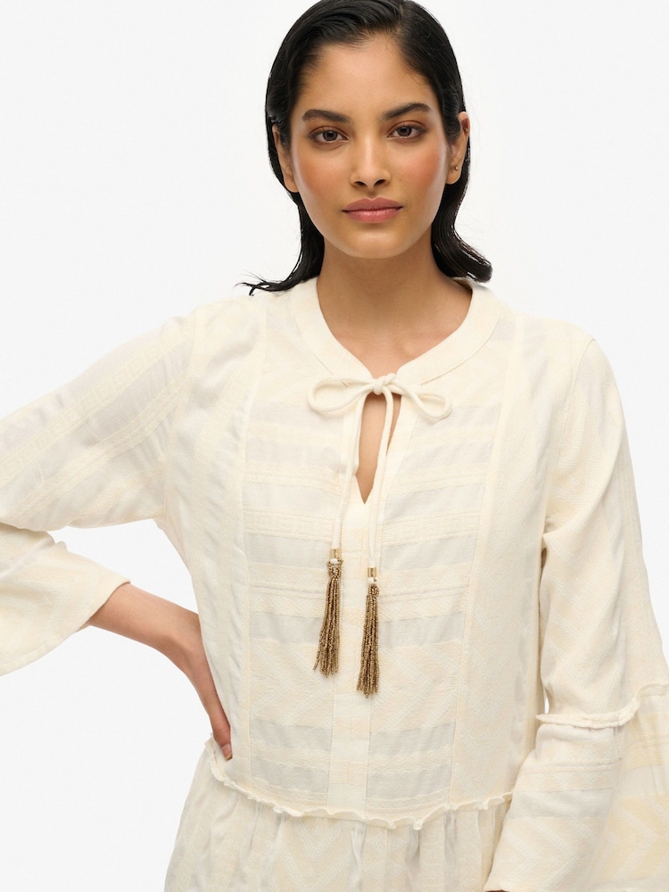 Superdry White Ibiza Long Sleeve Tiered Mini Dress - Image 4 of 7