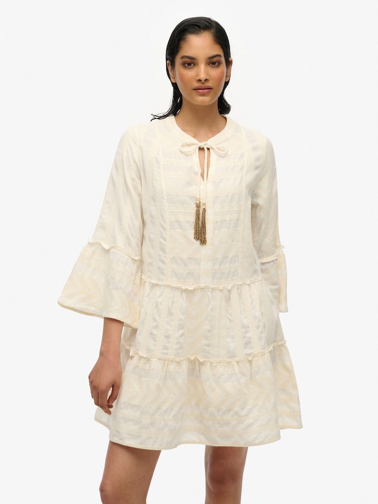 Superdry White Ibiza Long Sleeve Tiered Mini Dress - Image 5 of 7
