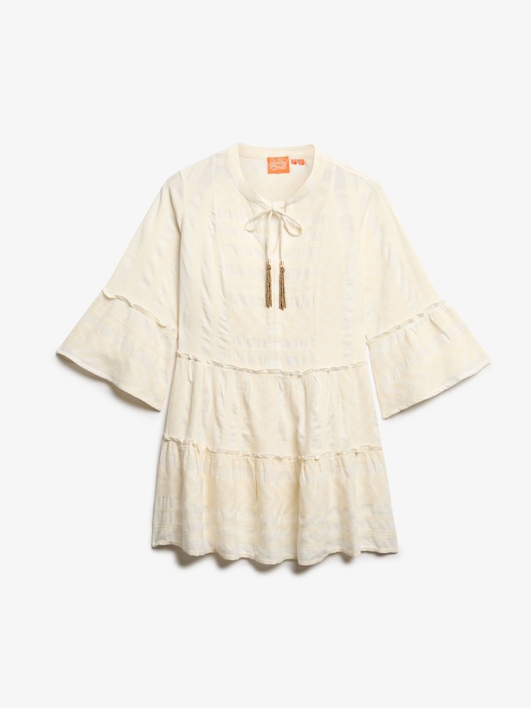Superdry White Ibiza Long Sleeve Tiered Mini Dress - Image 6 of 7