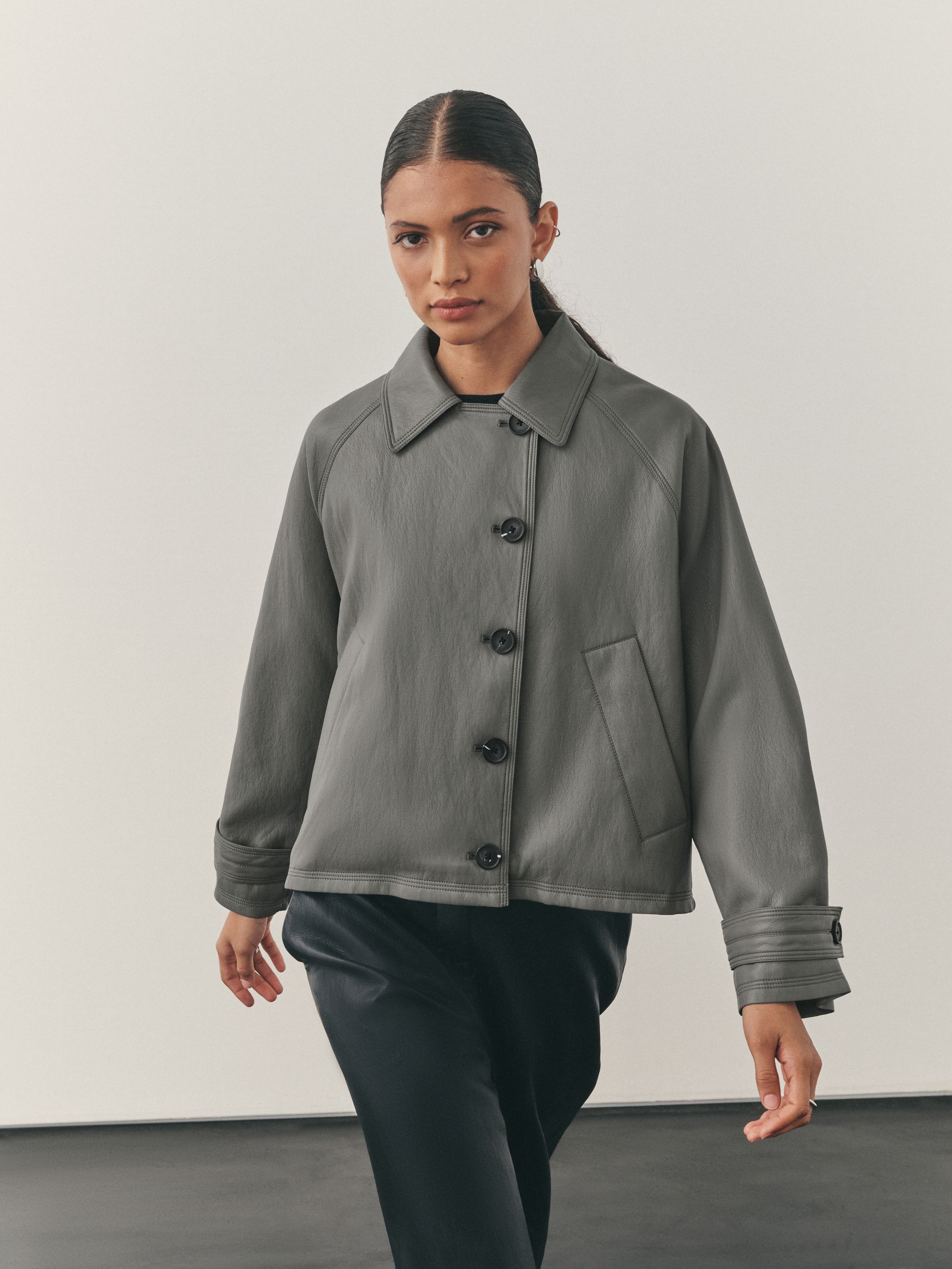 Buy Nothing Ordinary Grey Faux Leather Short Trench Jacket from
