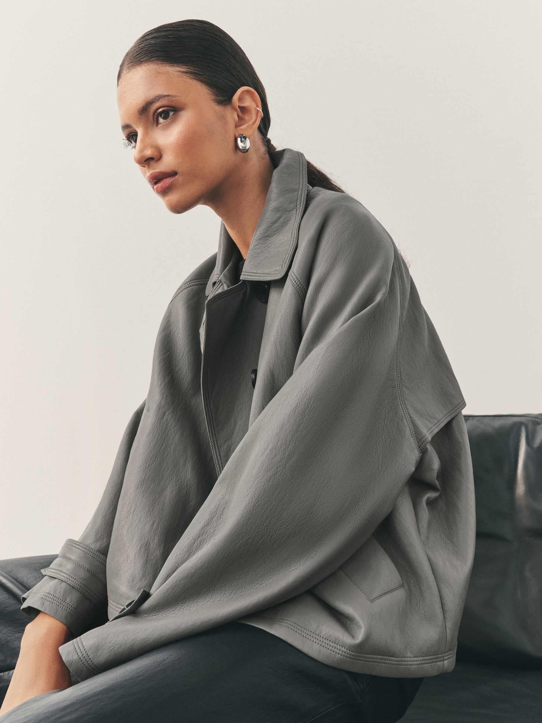 Buy Nothing Ordinary Grey Faux Leather Short Trench Jacket from