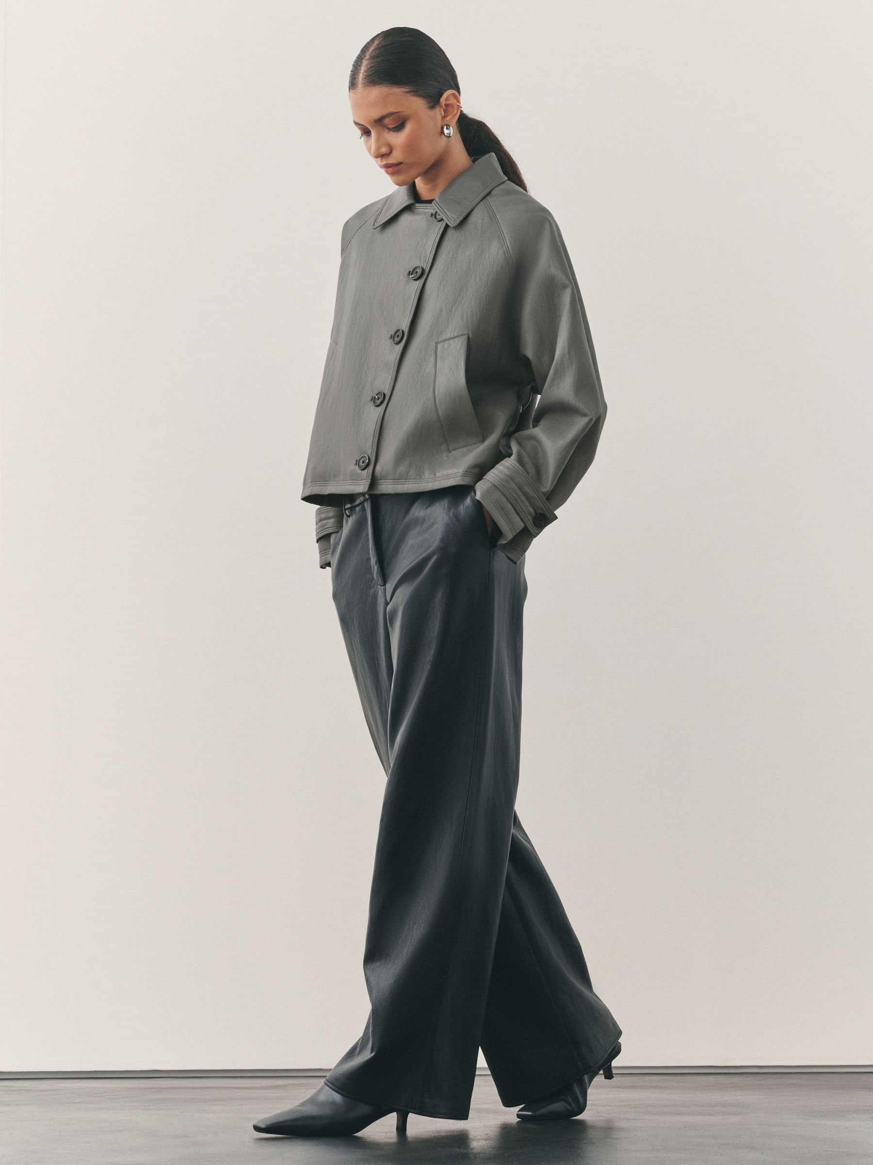 Buy Nothing Ordinary Grey Faux Leather Short Trench Jacket from
