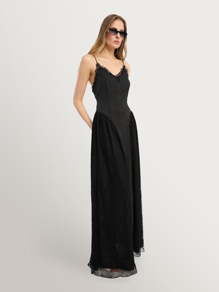 Rotate Black Satin Lace Maxi Dress - Image 1 of 7 Rotate Black Satin Lace Maxi Dress - Image 1 of 7
