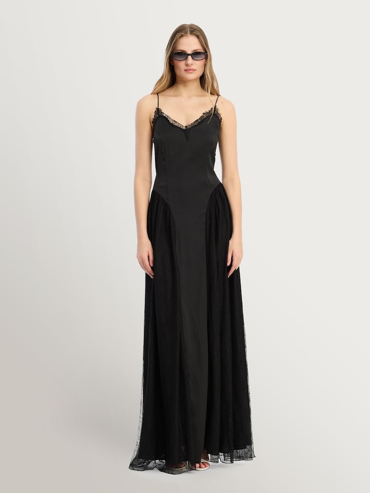Rotate Black Satin Lace Maxi Dress - Image 2 of 7 Rotate Black Satin Lace Maxi Dress - Image 2 of 7