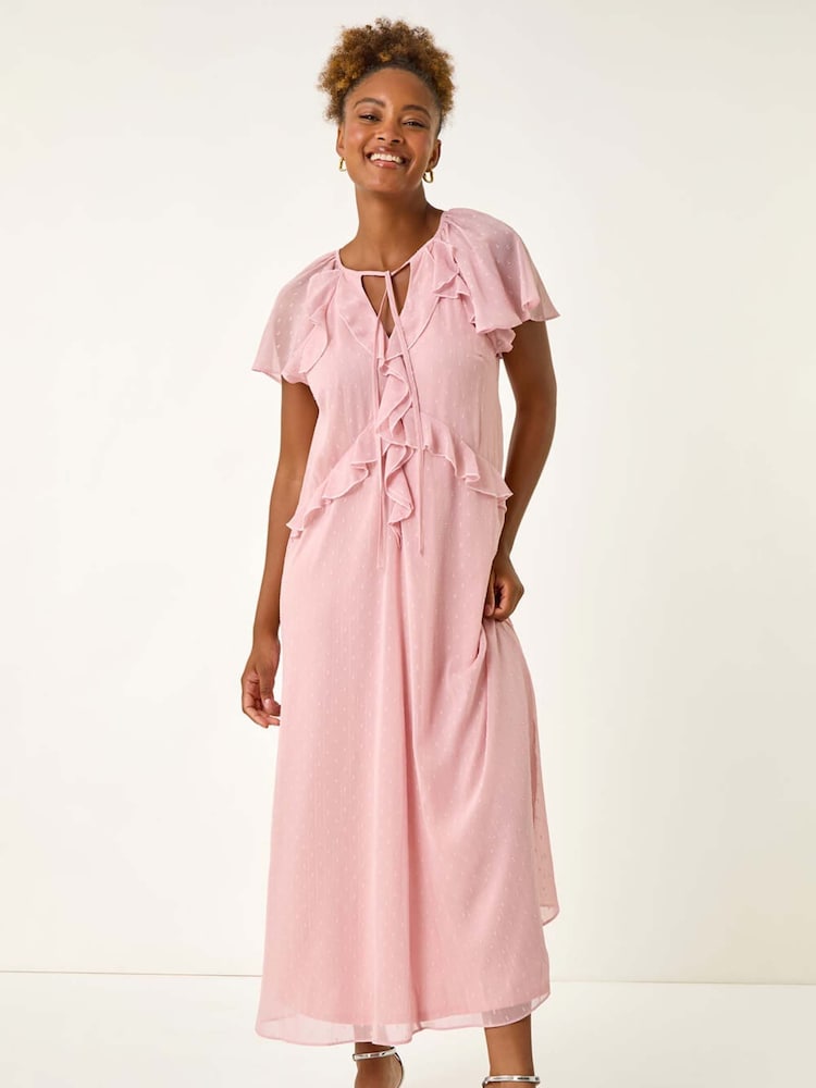 Roman Pink Metallic Dobby Frill Midi Dress - Image 1 of 5