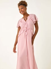 Roman Pink Metallic Dobby Frill Midi Dress - Image 2 of 5
