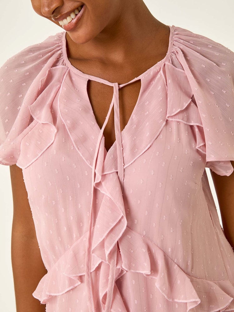 Roman Pink Metallic Dobby Frill Midi Dress - Image 5 of 5