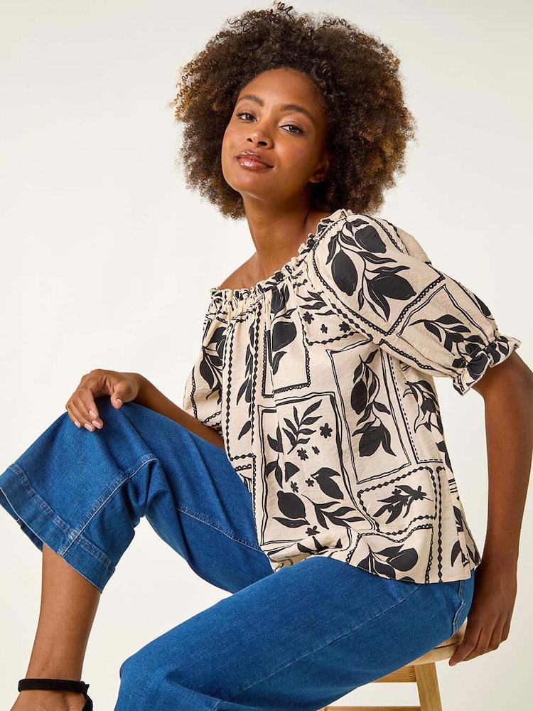 Roman Black Mono Print Bardot Blouse - Image 1 of 5