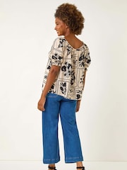 Roman Black Mono Print Bardot Blouse - Image 3 of 5