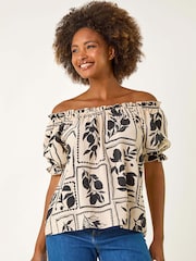 Roman Black Mono Print Bardot Blouse - Image 4 of 5