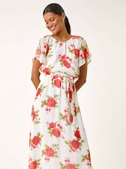 Roman White Chiffon Floral Print Split Sleeve Midi Dress - Image 1 of 5