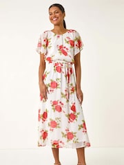 Roman White Chiffon Floral Print Split Sleeve Midi Dress - Image 2 of 5