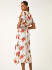 Roman White Chiffon Floral Print Split Sleeve Midi Dress - Image 3 of 5
