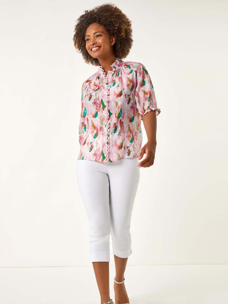 Roman Abstract Print Trim Detail Blouse - Imagem 1 de 5