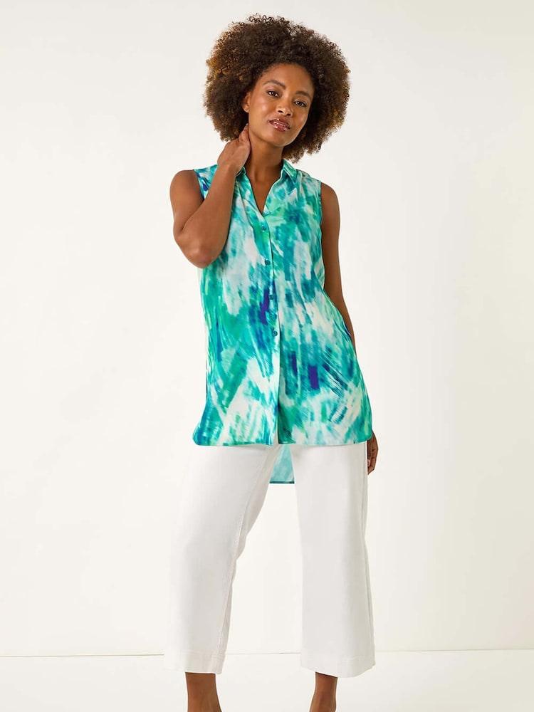 Roman Blue Abstract Print Button Longline Blouse - Image 2 of 5