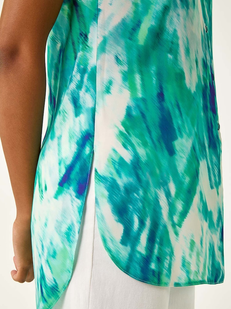 Roman Blue Abstract Print Button Longline Blouse - Image 5 of 5 Roman Blue Abstract Print Button Longline Blouse - Image 5 of 5
