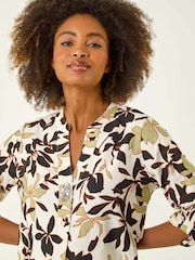 Roman White Floral Print Buttoned V-Neck Blouse - Image 1 of 5
