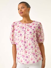 Roman Purple Floral Print Woven Blouse - Image 3 of 5