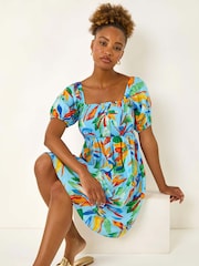 Roman Blue Leaf Print Shirred Short Dress - Image 1 of 5