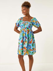Roman Blue Leaf Print Shirred Short Dress - Image 2 of 5