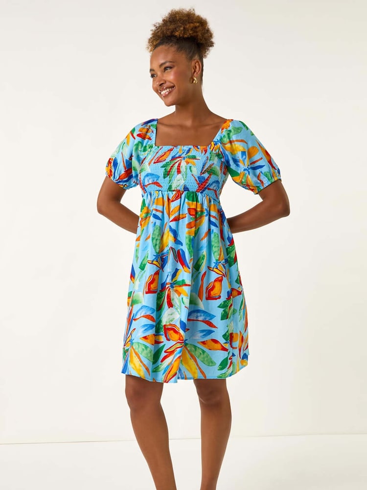 Roman Blue Leaf Print Shirred Short Dress - Image 2 of 5