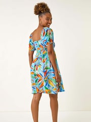 Roman Blue Leaf Print Shirred Short Dress - Image 3 of 5