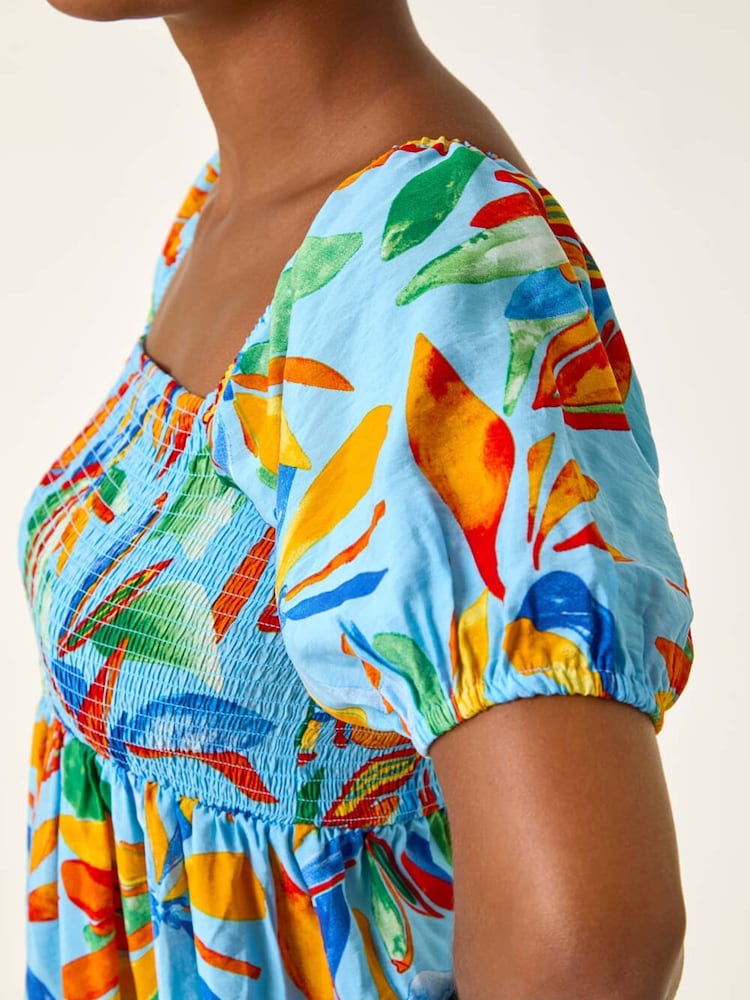 Roman Blue Leaf Print Shirred Short Dress - Image 5 of 5