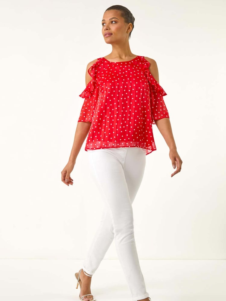 Roman Red Spot Print Frill Cold Shoulder Blouse - Image 1 of 5