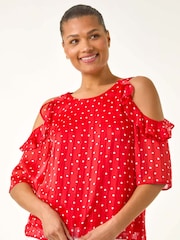 Roman Red Spot Print Frill Cold Shoulder Blouse - Image 2 of 5