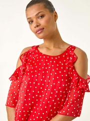 Roman Red Spot Print Frill Cold Shoulder Blouse - Image 4 of 5