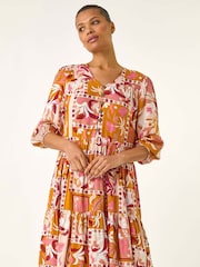 Roman Orange Patchwork Smock V-Neck Dress - Image 1 of 5