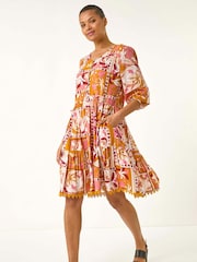 Roman Orange Patchwork Smock V-Neck Dress - Image 2 of 5