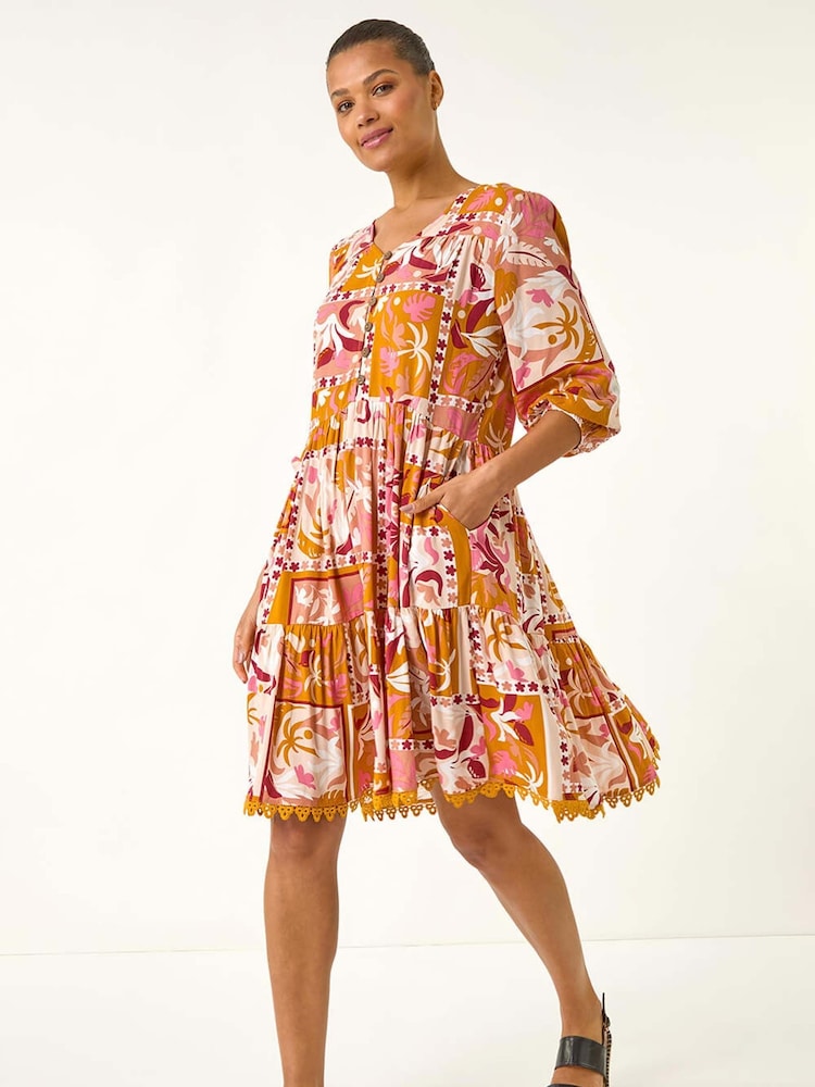 Roman Orange Patchwork Smock V-Neck Dress - Image 2 of 5