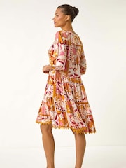 Roman Orange Patchwork Smock V-Neck Dress - Image 3 of 5