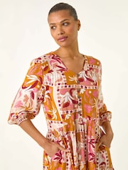 Roman Orange Patchwork Smock V-Neck Dress - Image 4 of 5