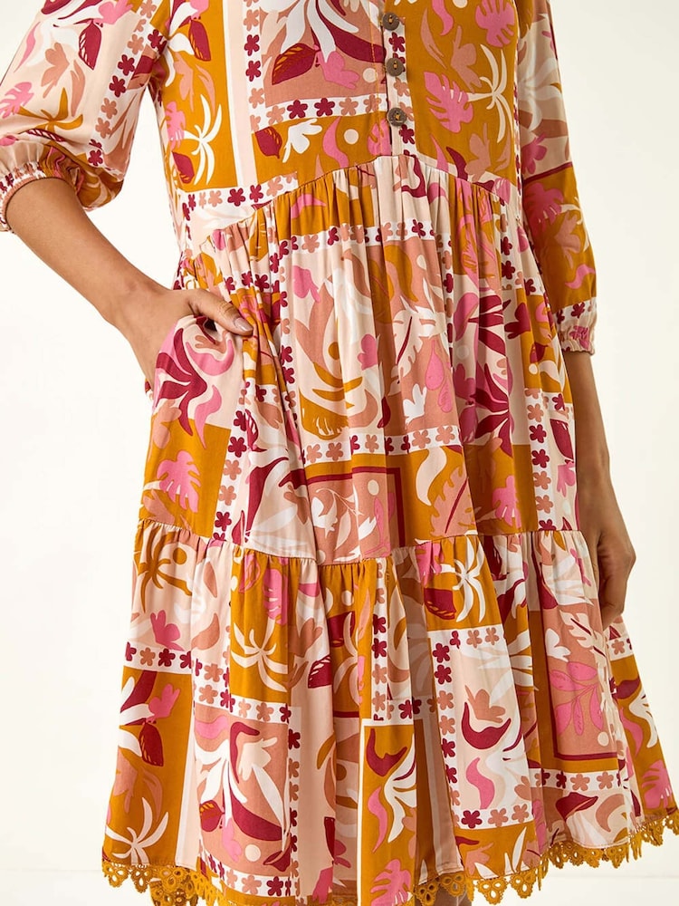 Roman Orange Patchwork Smock V-Neck Dress - Image 5 of 5