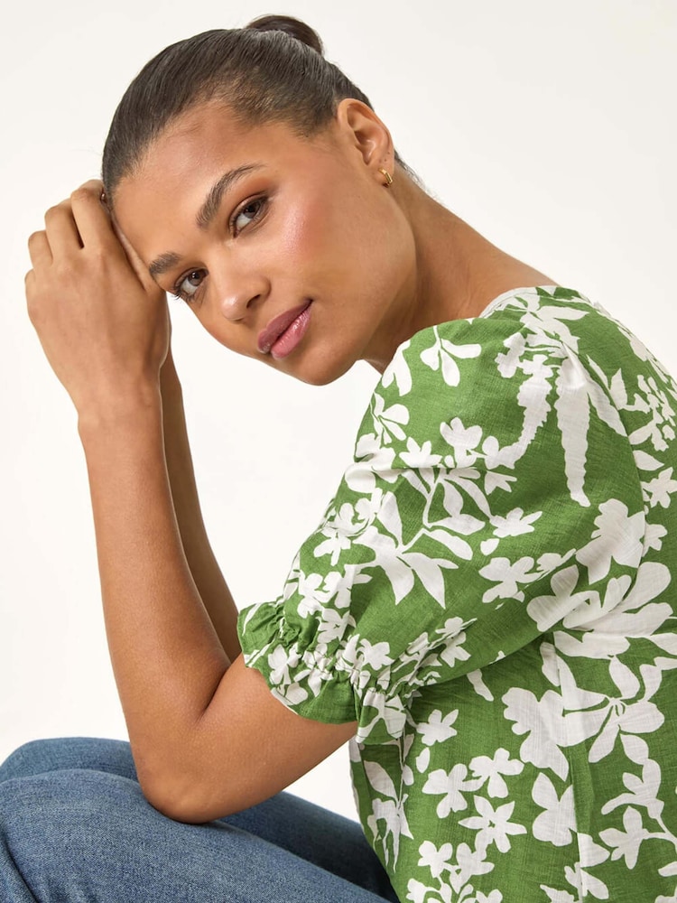 Roman Green Floral Print Puff Sleeve Blouse - Image 1 of 5