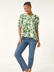 Roman Green Floral Print Puff Sleeve Blouse - Image 2 of 5