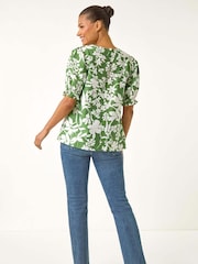 Roman Green Floral Print Puff Sleeve Blouse - Image 3 of 5