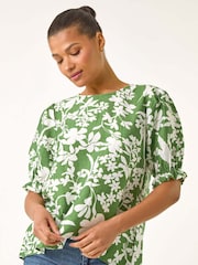 Roman Green Floral Print Puff Sleeve Blouse - Image 4 of 5