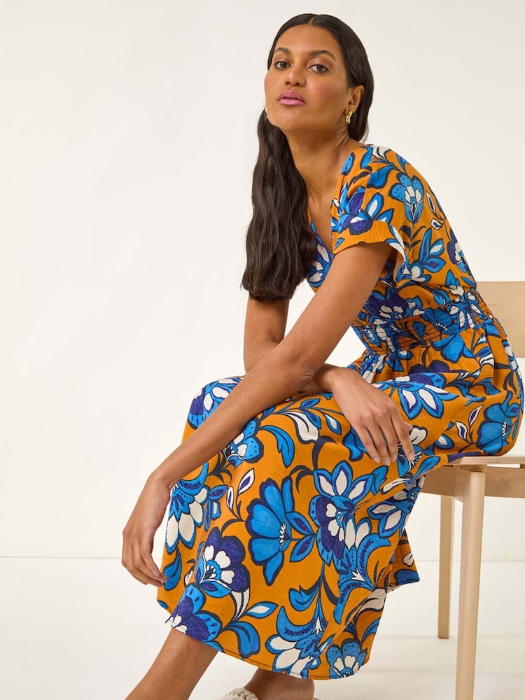 Roman Orange Floral Print Shirred Midi Dress - Image 1 of 5